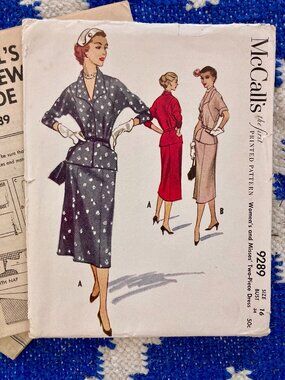 Vintage 1953 McCall's Pattern 9289 Two-Piece Dress BUST 34/SIZE 16 UNCUT